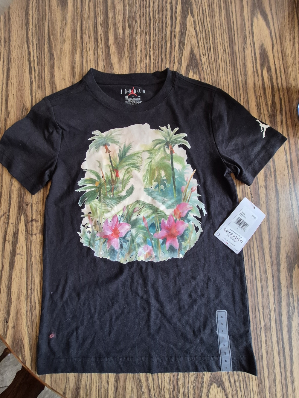 Jordan Black Tee with Tropical Skull Floral Graphic